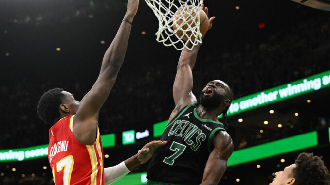 Celtics-Jaylen-Brown-shooting-over-Hawks-Jalen-Johnson